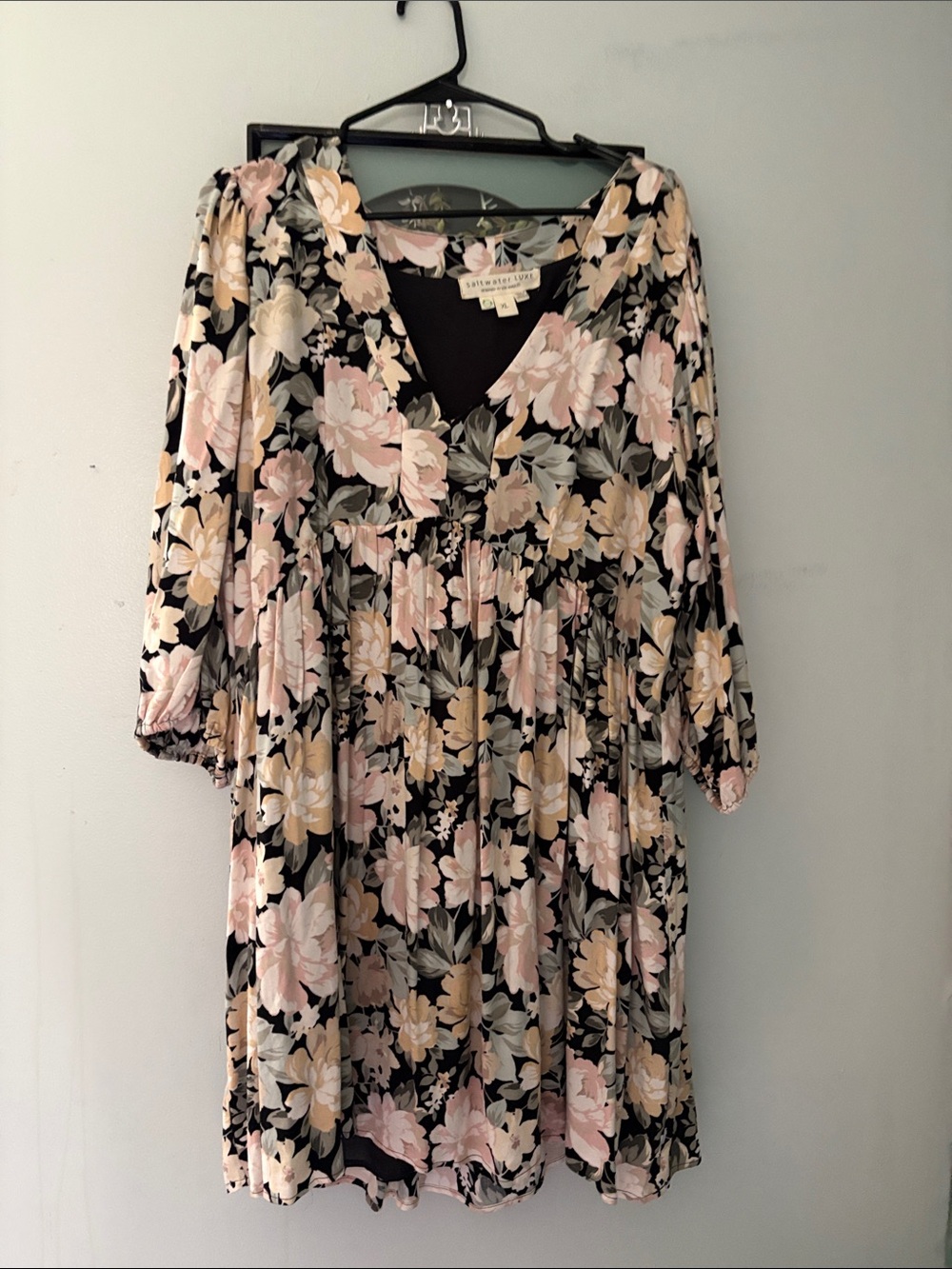 saltwater LUXE Black Floral Empire-Waist Midi Dress